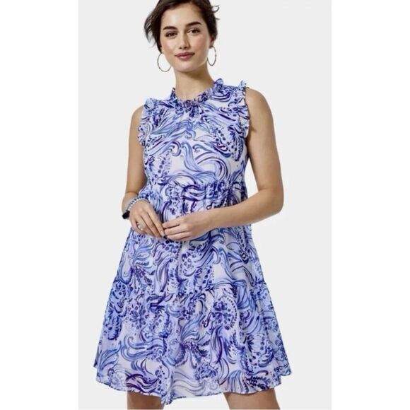 Lily Pulitzer Jazzy Tierd Dress In Blue & White Print Ruffle Neck Sleeve Size S - Picture 1 of 15